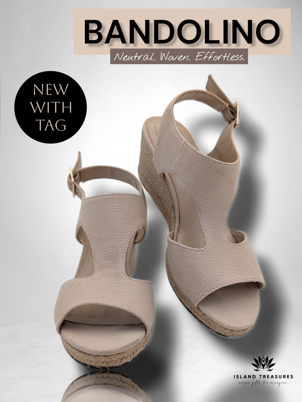 NWT Bandolino Sz 8 Neutral Tan Espadrille Wedge Gold Color Buckle Ankle Straps